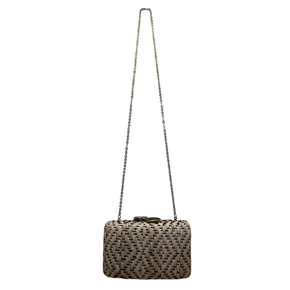Kayu Women’s Beige & Black Woven With Retractable Gold Chain Strap Clutch Size S